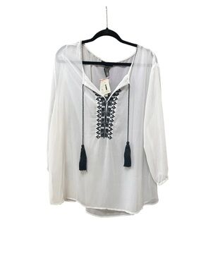 NWT i Jeans By Buffalo Embroidered Tassel Peasant Blouse - White + Black Trim L